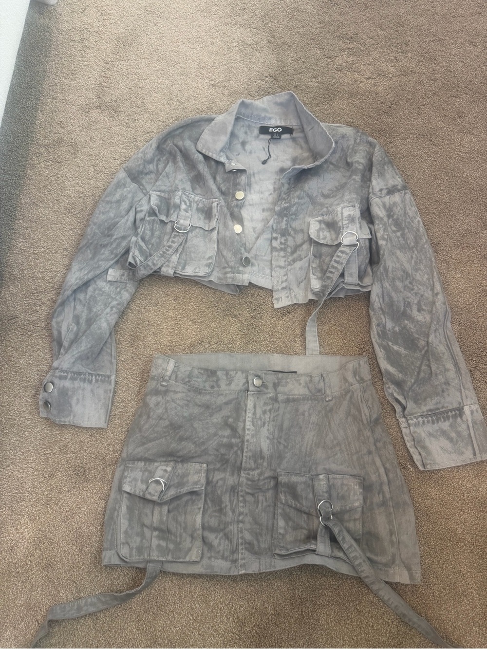 EGO Washed Gray Cropped Utility Jacket & Mini Skirt Set